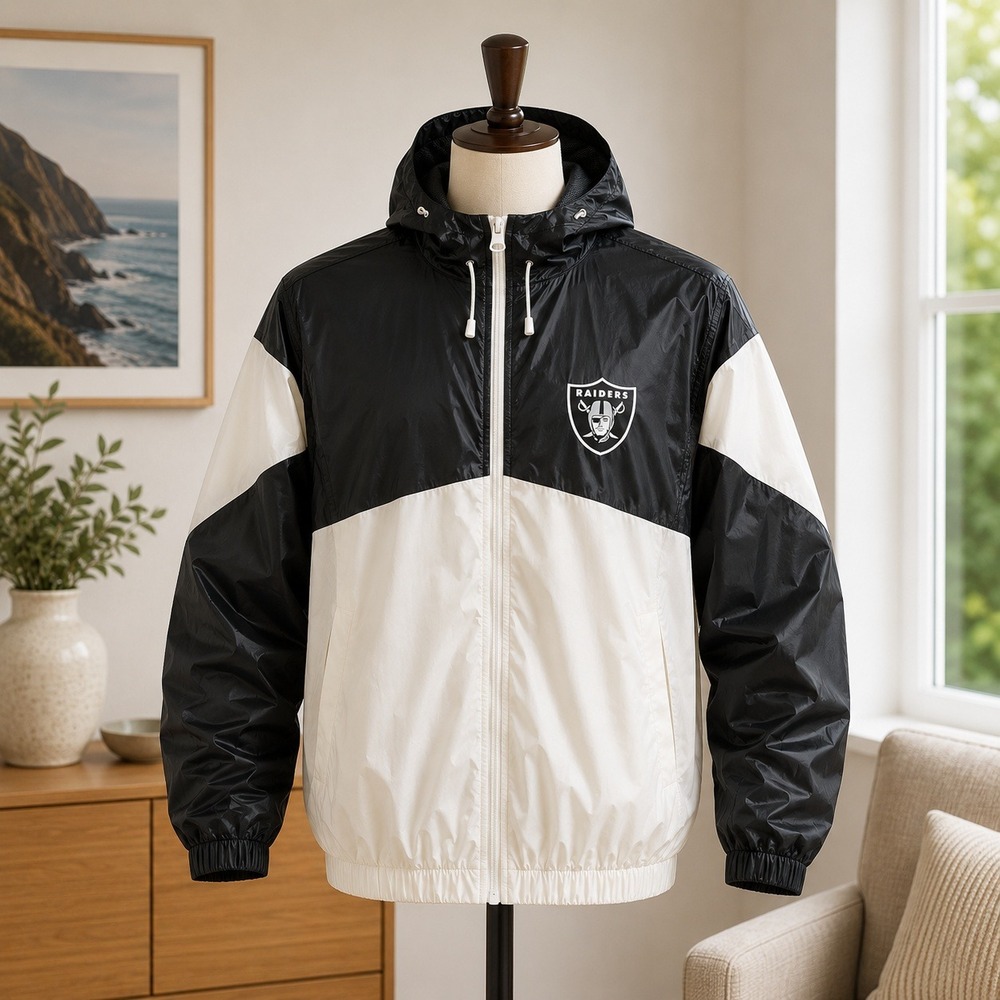 Rainmate Raiders Rain Jacket Mens XL Black White Vintage 1994 PVC Windbreaker